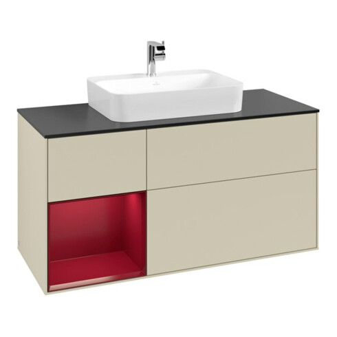 V&B Meuble sous lavabo Finion 120 cm, bleu clair, étagère gauche, gris clair laqué