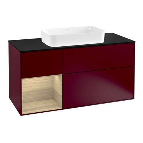 V&B Meuble sous lavabo Finion 120 cm, bleu clair, étagère gauche, poignée métal