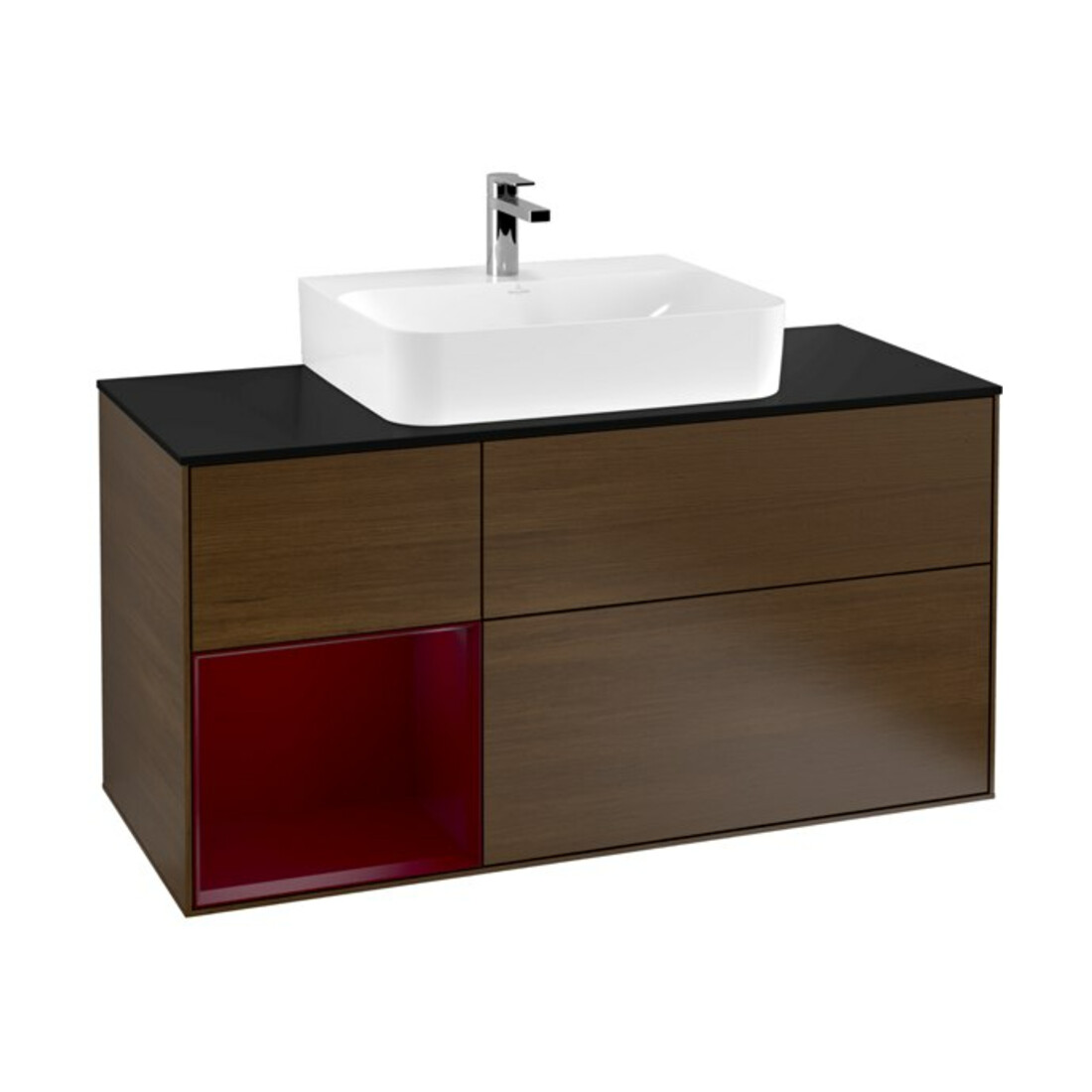 V&B Meuble sous lavabo Finion 120 cm, bleu clair, étagère gauche, veinage noyer, éclairage mural