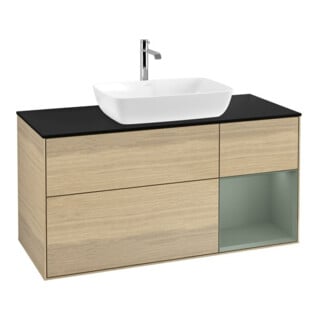 V&B Meuble sous lavabo Finion 120 cm, bleu clair, étagère huilée avec laque, éclairage mural