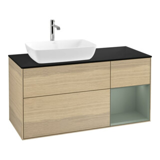 V&B Meuble sous-lavabo Finion 120 cm, bleu clair, étagère huilée avec laque, éclairage mural