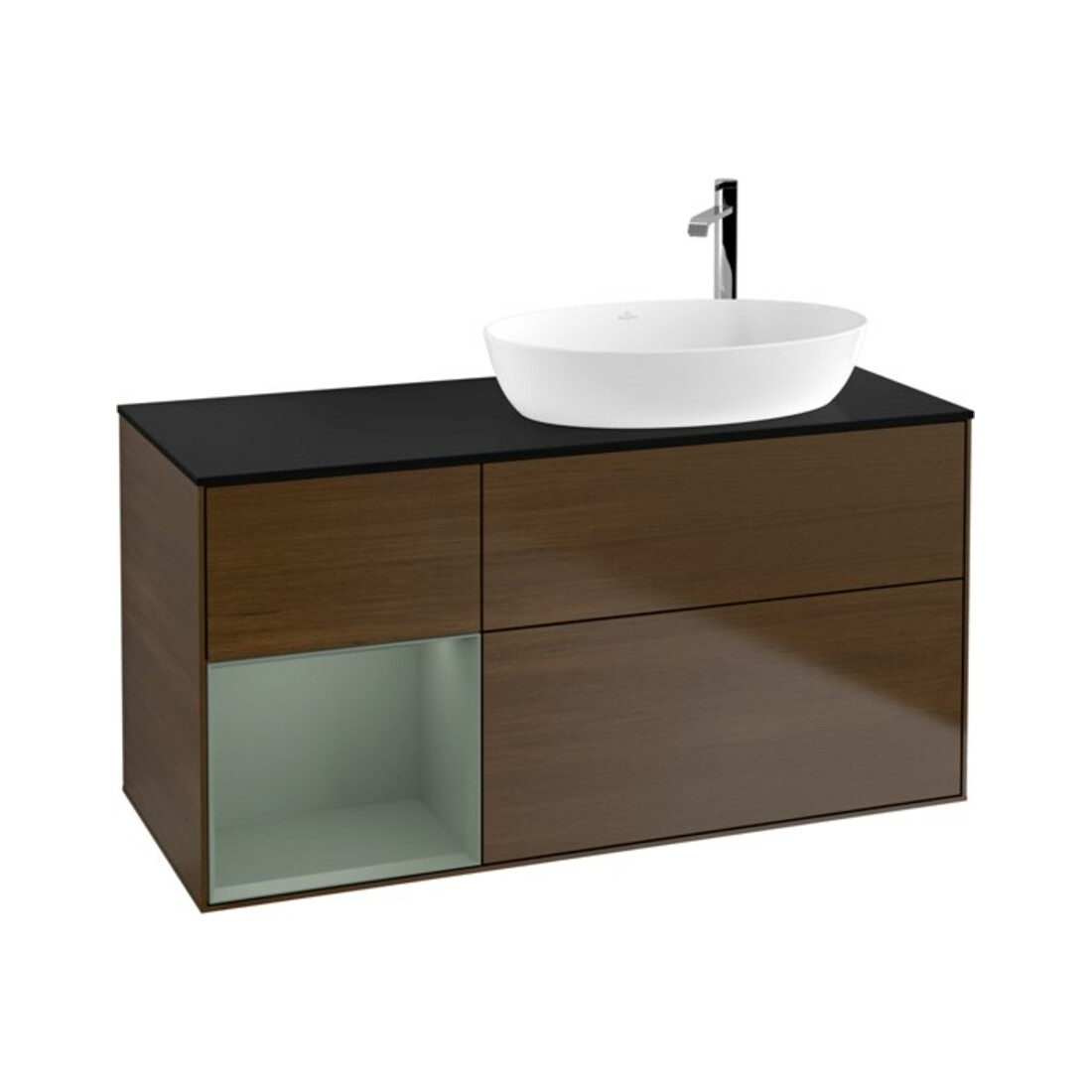 V&B Meuble sous lavabo Finion 120 cm, bleu clair, étagère, laqué, noyer veinée