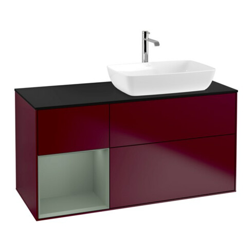 V&B Meuble sous lavabo Finion 120 cm, bleu clair, étagère, laqué, poignée métallique