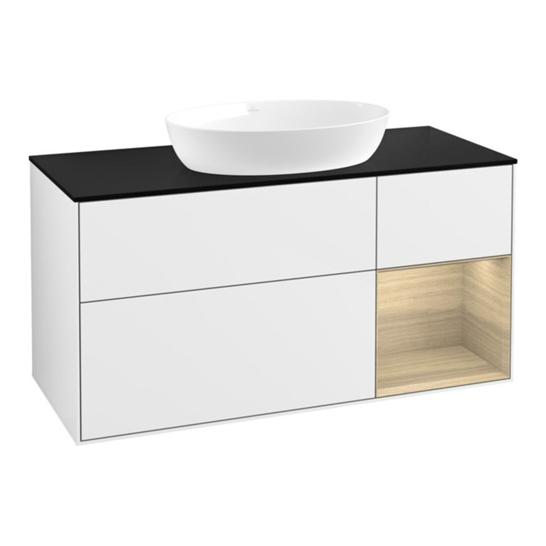 V&B Meuble sous lavabo Finion 120 cm, bleu clair, étagère ouverte, blanc brillant