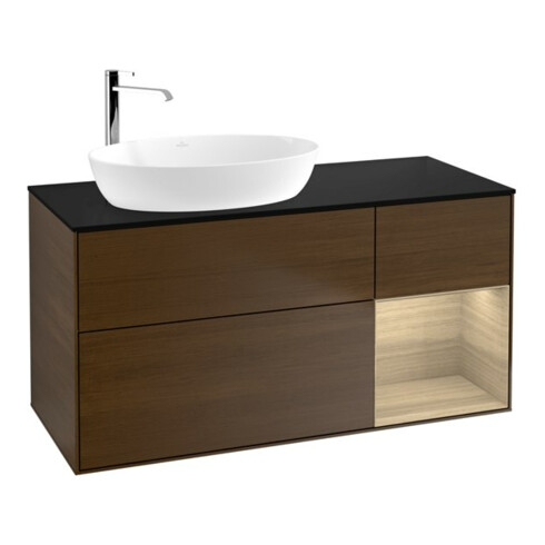 V&B Meuble sous lavabo Finion 120 cm, bleu clair, étagère ouverte, noyer veneer