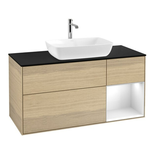 V&B Meuble sous lavabo Finion 120 cm, bleu clair, laqué blanc, poignée ven