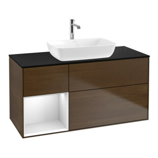 V&B Meuble sous lavabo Finion 120 cm, bleu clair mat, étagère blanche mate, noyer veinée