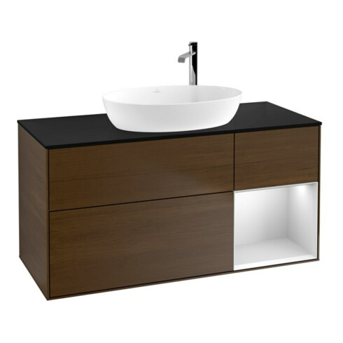 V&B Meuble sous lavabo Finion 120 cm, bleu clair mat, étagère blanche mate, placage noyer