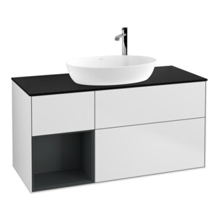 V&B Meuble sous lavabo Finion 120 cm, bleu clair mat, étagère médium mat laqué, blanc mat laqué
