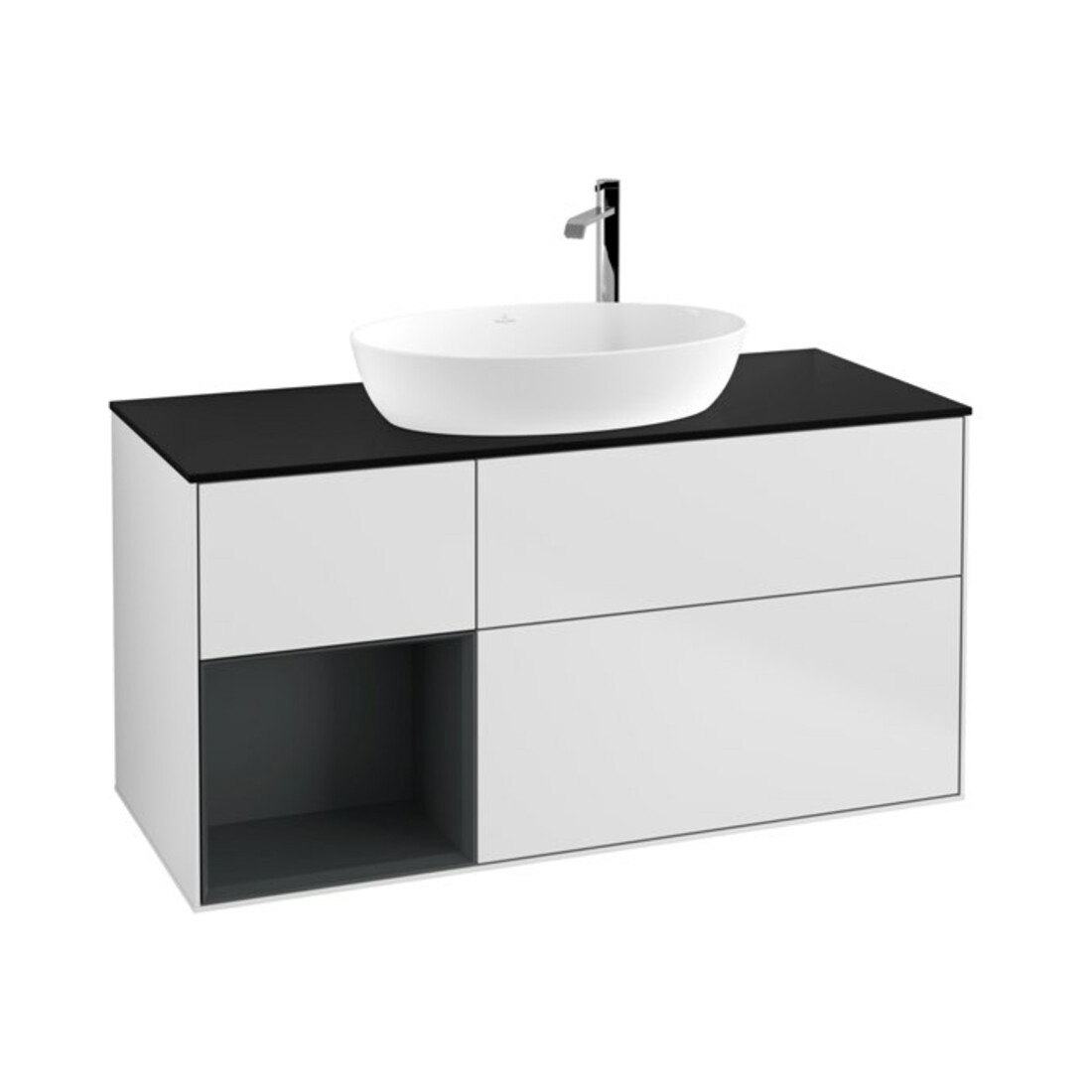 V&B Meuble sous lavabo Finion 120 cm, bleu clair mat, étagère médium mat laqué, blanc mat laqué