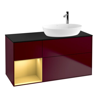 V&B Meuble sous lavabo Finion 120 cm, bleu clair mat, poignée or mat, laqué mat
