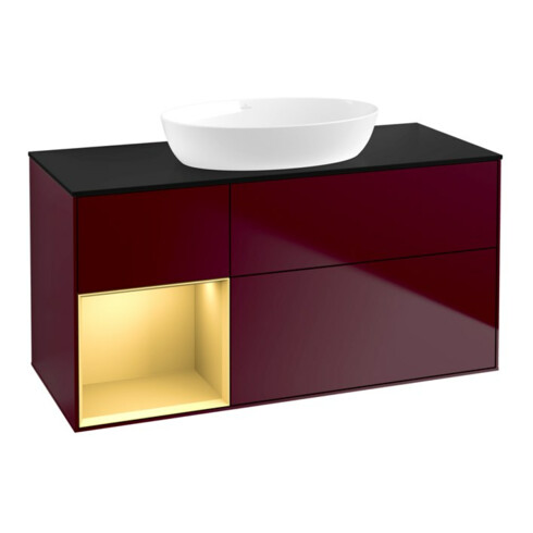 V&B Meuble sous lavabo Finion 120 cm, bleu clair mat, poignée or mat, pieds mat