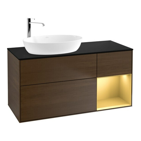 V&B Meuble sous lavabo Finion 120 cm, bleu clair mat, poignée or mat, placage noyer