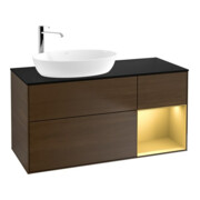 V&B Meuble sous lavabo Finion 120 cm, bleu clair mat, poignée or mat, placage noyer-1