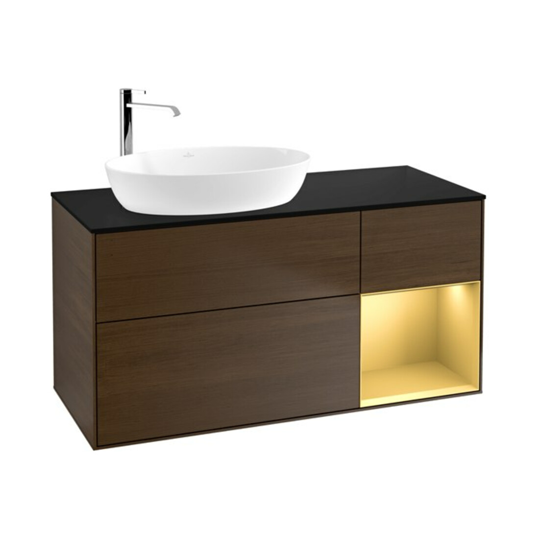 V&B Meuble sous lavabo Finion 120 cm, bleu clair mat, poignée or mat, placage noyer