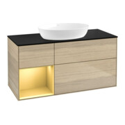 V&B Meuble sous lavabo Finion 120 cm, bleu clair mat, poignée or mat, tiroir ven