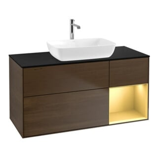 V&B Meuble sous lavabo Finion 120 cm, bleu clair mat, réglette or mat, noyer veinée