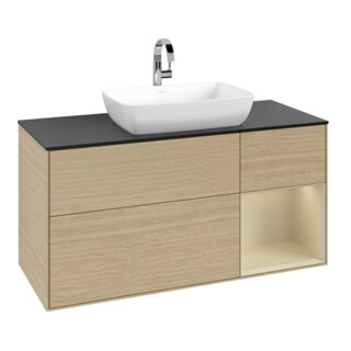 V&B Meuble sous lavabo Finion 120 cm, bleu clair, plateau en verre, poignée argentée