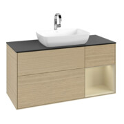 V&B Meuble sous lavabo Finion 120 cm, bleu clair, plateau en verre, poignée argentée