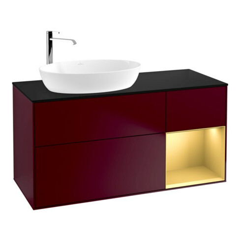 V&B Meuble sous lavabo Finion 120 cm, bleu clair, poignée dorée, miroir Peo m