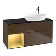 V&B Meuble sous-lavabo Finion 120 cm, bleu clair, poignée or mat, noyer veinée
