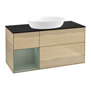 V&B Meuble sous lavabo Finion 120 cm, bleu clair, porte avec laque, poignée en bois