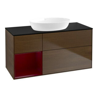 V&B Meuble sous lavabo Finion 120 cm, bleu clair, porte battante, laqué, noyer veinée