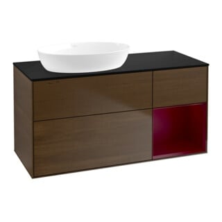 V&B Meuble sous lavabo Finion 120 cm, bleu clair, porte battante, laqué, noyer veinée