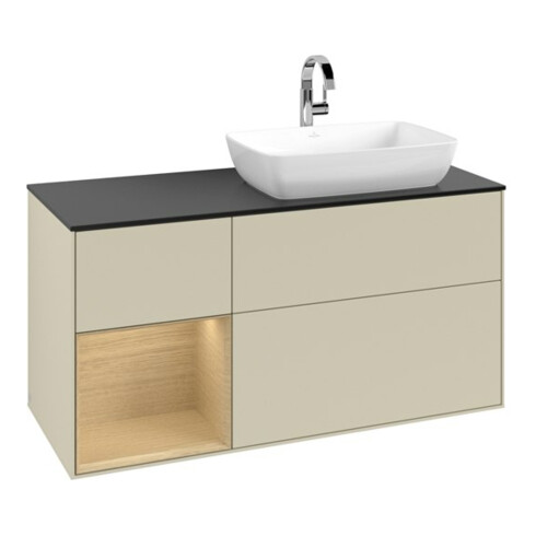 V&B Meuble sous lavabo Finion 120 cm, bleu clair, porte battante, poignée argent mat laqué