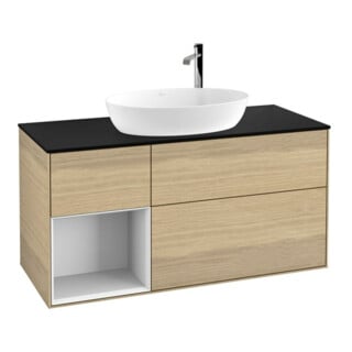 V&B Meuble sous lavabo Finion 120 cm, bleu clair, porte blanche laquée, tiroir ven