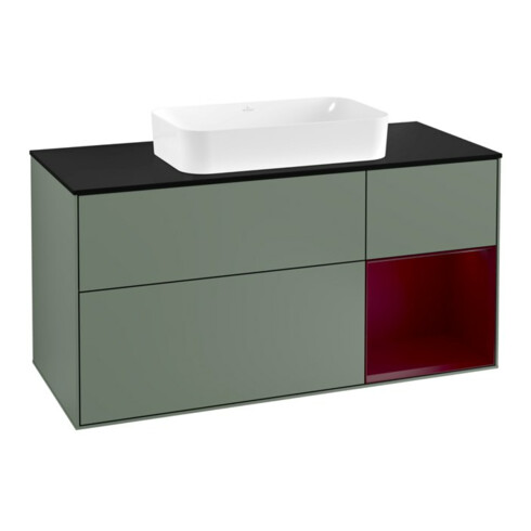 V&B Meuble sous-lavabo Finion 120 cm, bleu clair, porte droite, poignée olivier, laqué