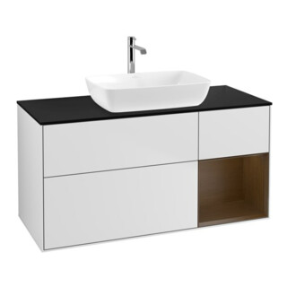 V&B Meuble sous lavabo Finion 120 cm, bleu clair, rangement bois, blanc mat laqué