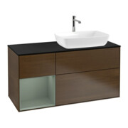 V&B Meuble sous lavabo Finion 120 cm, bleu clair, rangement huile, avec laque, placage noyer