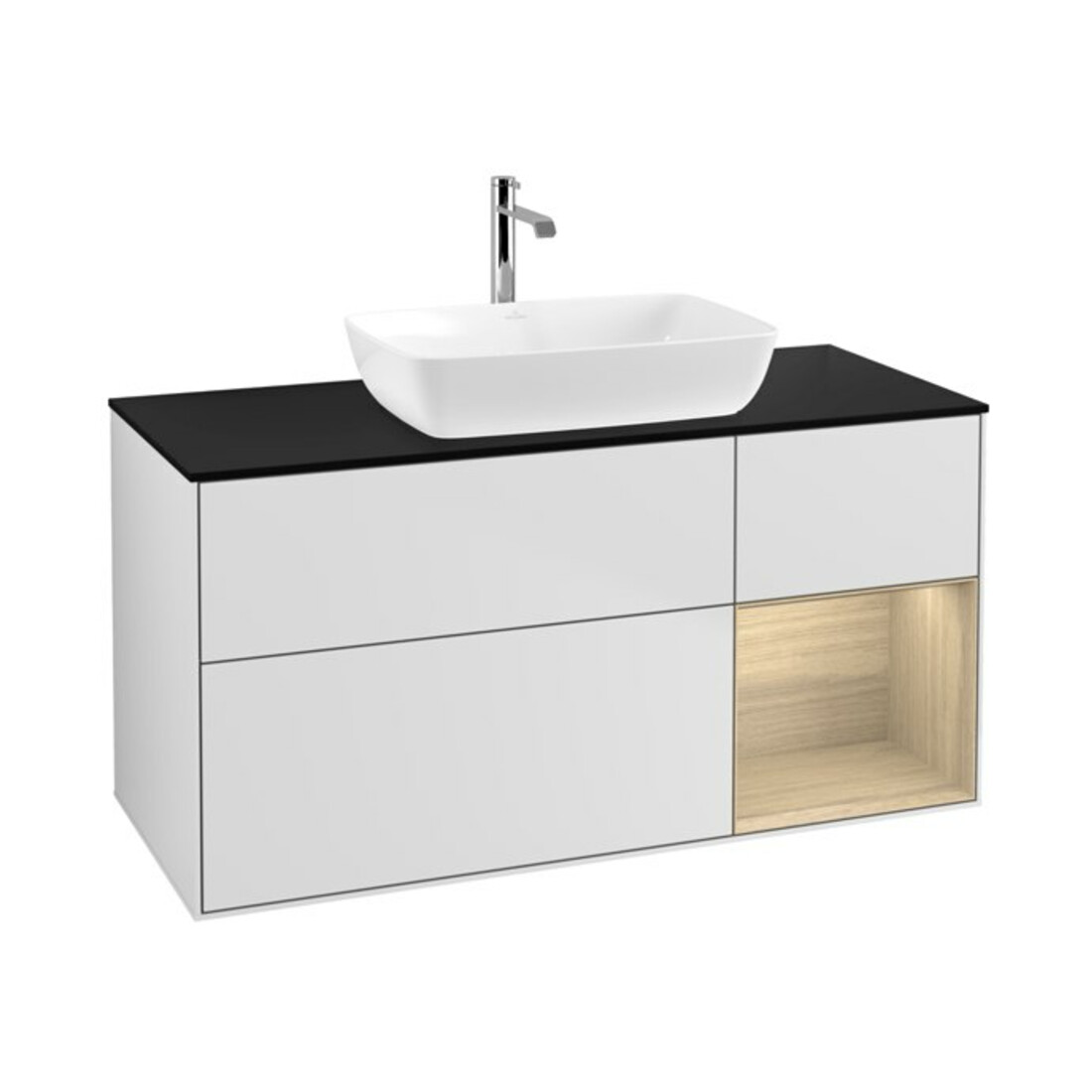 V&B Meuble sous lavabo Finion 120 cm, bleu clair, rangement ouvert, blanc mat laqué