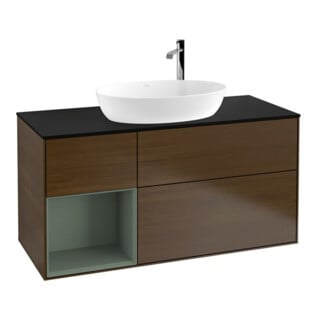V&B Meuble sous lavabo Finion 120 cm, bleu clair, rangement, placage noyer