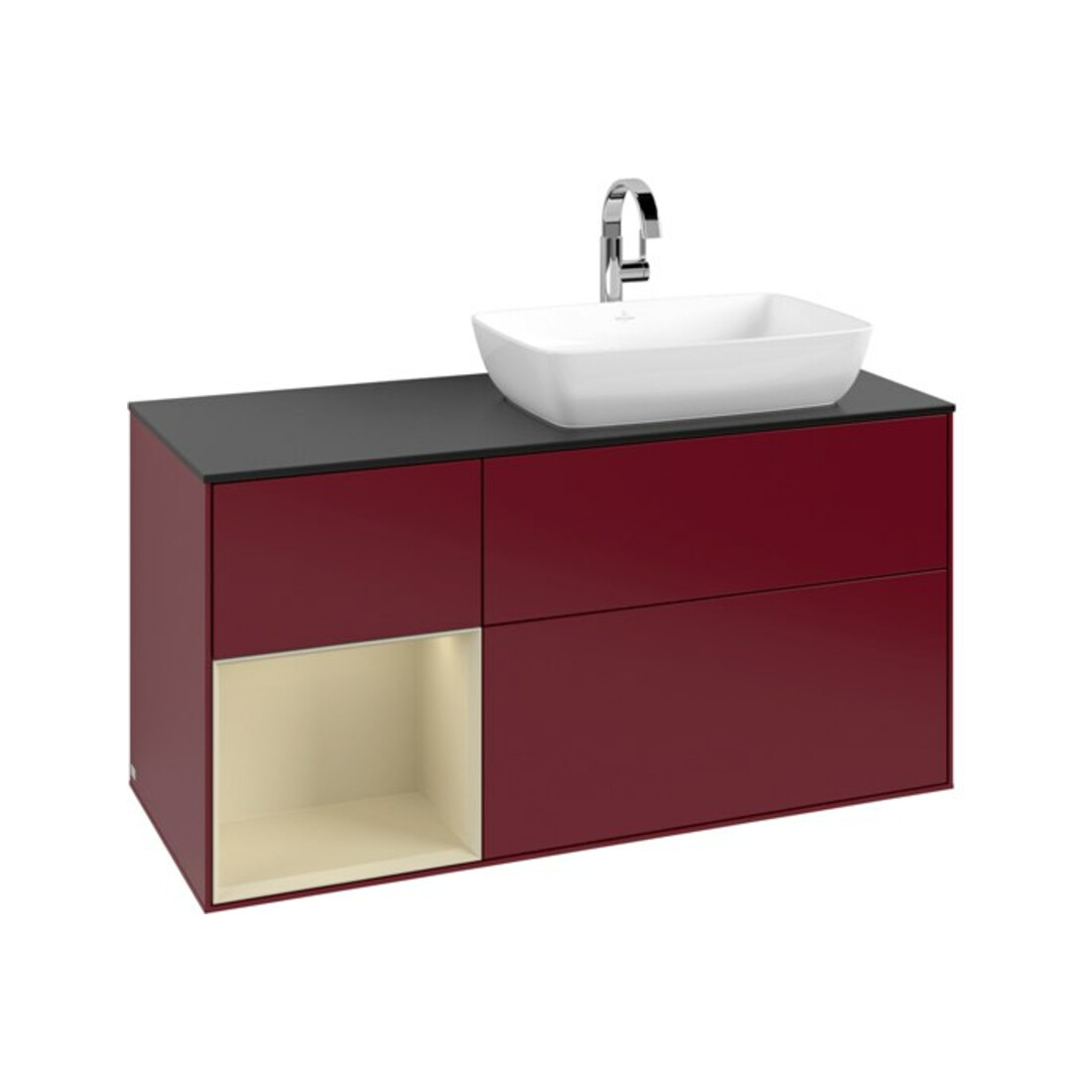V&B Meuble sous lavabo Finion 120 cm, bleu clair, tablette argent, poignée métal