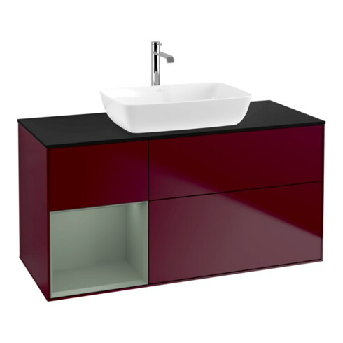 V&B Meuble sous lavabo Finion 120 cm, bleu clair, tablette en chêne huilé avec laque, poignée métallique