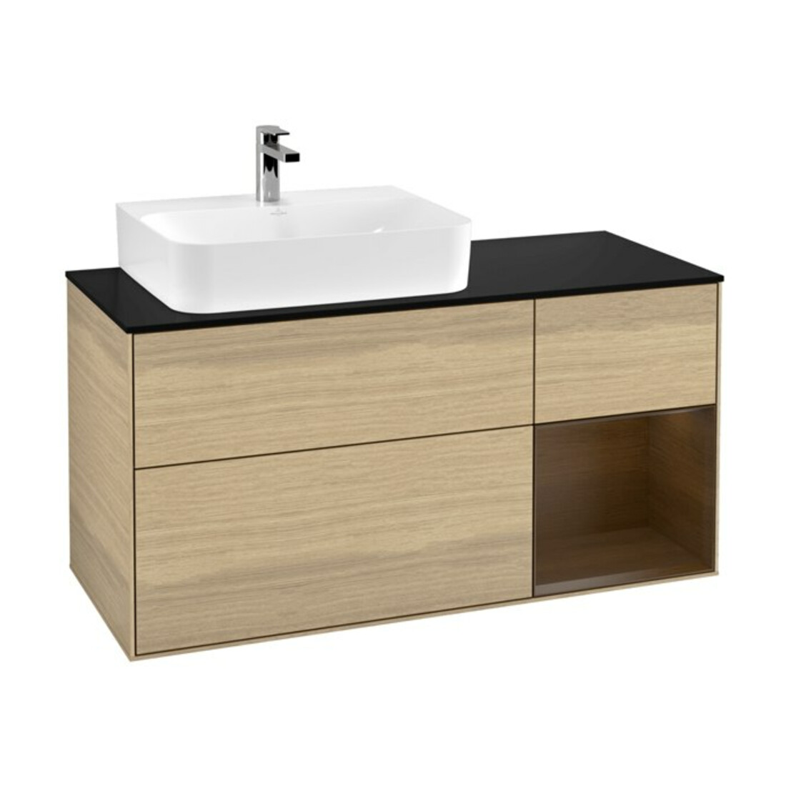 V&B Meuble sous lavabo Finion 120 cm, bleu clair, tiroir droit, poignée bois
