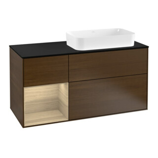 V&B Meuble sous-lavabo Finion 120 cm, bleu clair, tiroir gauche, chêne sauvage