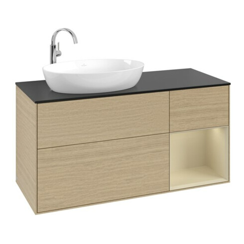 V&B Meuble sous lavabo Finion 120 cm, bleu clair, tiroir gris moyen, surface laquée, poignée ven