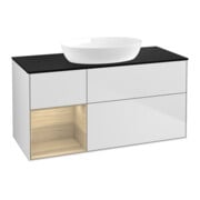 V&B Meuble sous lavabo Finion 120 cm, bleu clair, tiroir ouvert, blanc laqué