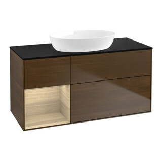 V&B Meuble sous-lavabo Finion 120 cm, bleu clair, tiroir ouvert, noyer veinée