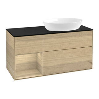 V&B Meuble sous lavabo Finion 120 cm, bleu clair, tiroir ouvert, ouvert