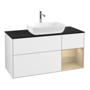 V&B Meuble sous lavabo Finion 120 cm, bleu, éclairage mural, étagère, blanc brillant, laqué