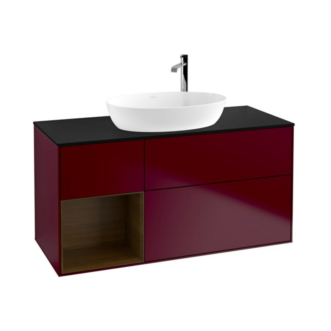 V&B Meuble sous-lavabo Finion 120 cm, bleu, éclairage mural, étagère en noyer, poignée métal