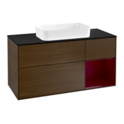 V&B Meuble sous lavabo Finion 120 cm, bleu, éclairage mural, étagère, noyer veneer