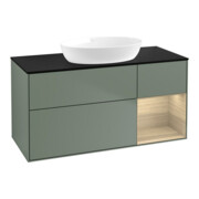 V&B Meuble sous lavabo Finion 120 cm, bleu, éclairage mural, étagère ouverte, huile et laque