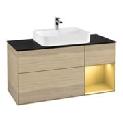 V&B Meuble sous lavabo Finion 120 cm, bleu, éclairage mural, porte droite, tiroir ouvert-1