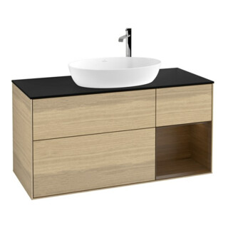 V&B Meuble sous lavabo Finion 120 cm, bleu, étagère bois, éclairage mural