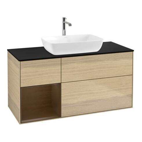 V&B Meuble sous-lavabo Finion 120 cm, bleu, étagère en noyer, éclairage mural